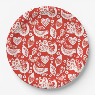 Assiettes En Carton Motif scandinave rouge de Noël avec des oiseaux