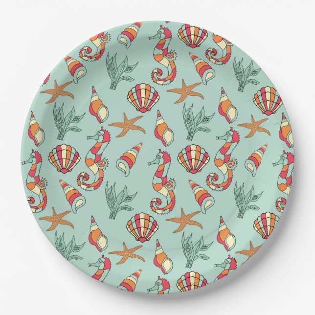 Assiettes En Carton Motif Seahorse et Seashell Turquoise (Devant)