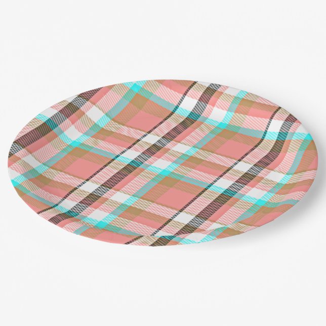 Assiettes En Carton Motif Tartan Chic rose Turquoise (Angle)