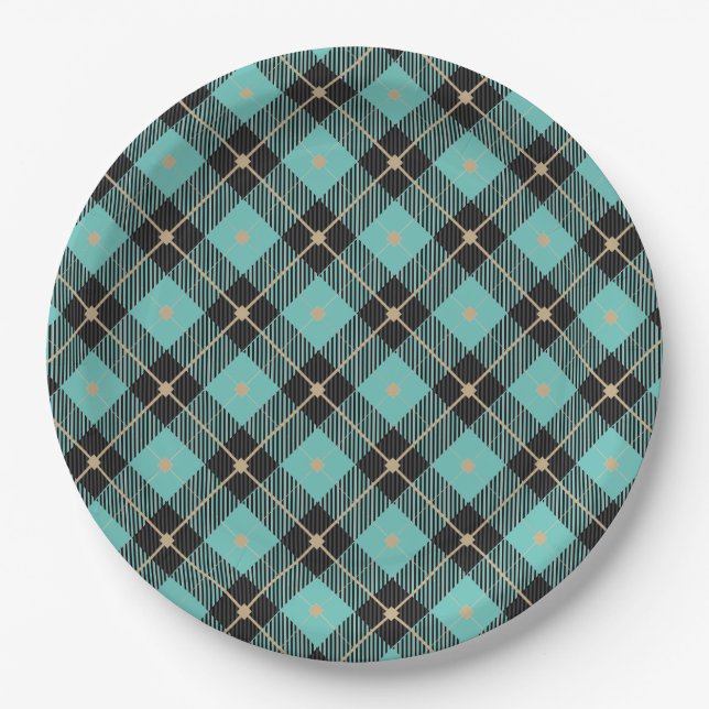 Assiettes En Carton Motif tendance Black Aqua Plaid (Devant)