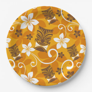 ASSIETTES EN CARTON MOTIF TIKI LUAU (ORANGE)