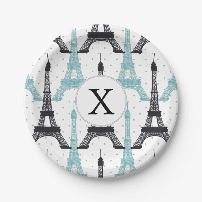 Assiettes En Carton Motif tour Monogram Aqua Chic Eiffel (Devant)