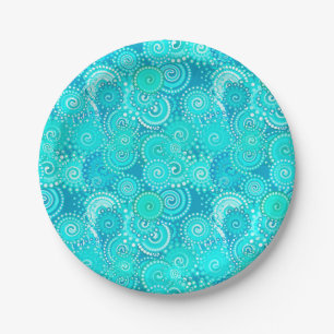 Assiettes En Carton Motif tourbillon fractal, teintes turquoise