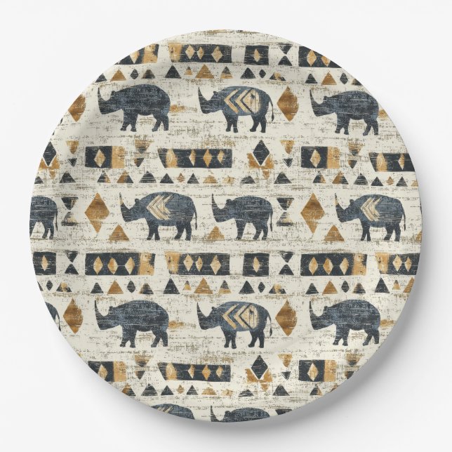 Assiettes En Carton Motif tribal rhinocéros rustique (1) (Devant)