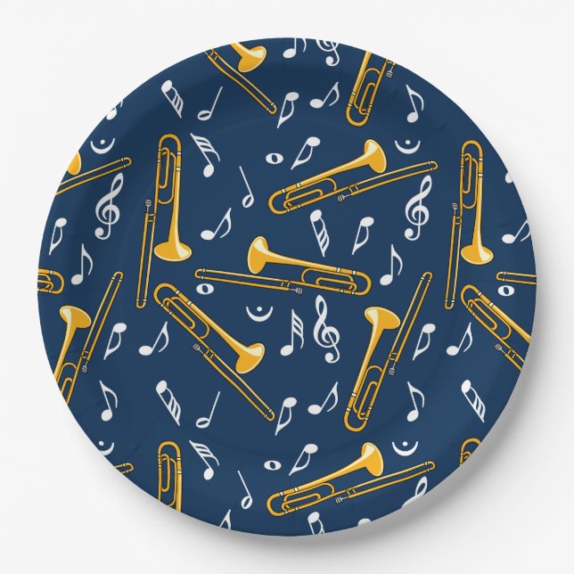 Assiettes En Carton Motif Trombone Music Notes (Devant)