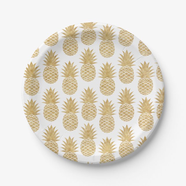 Assiettes En Carton Motif tropical élégant d'ananas d'or blanc (Devant)