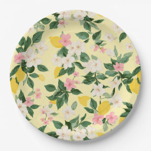 Assiettes En Carton Motif vintage citron et fleurs sur jaune