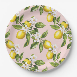 Assiettes En Carton Motif vintage citron et fleurs sur rose (2)