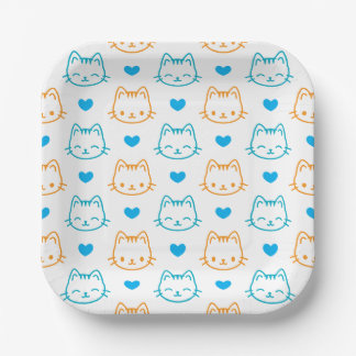 Assiettes En Carton Motif visage de chat turquoise orange 7 pouces Car