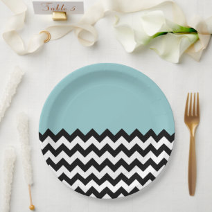 Assiettes En Carton Motif Zigzag noir et blanc, Chevron, Bleu