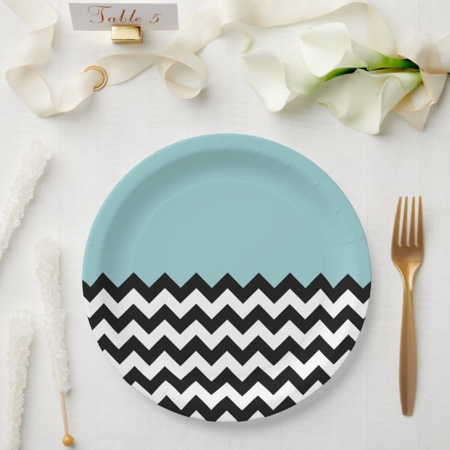 Assiettes En Carton Motif Zigzag noir et blanc, Chevron, Bleu (Mariage)