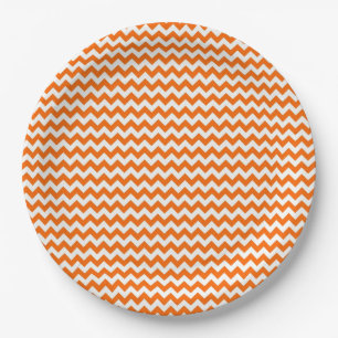 Assiettes En Carton Motif Zigzag Orange et Blanc Chevron