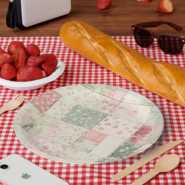 Assiettes En Carton Motifs de courtepointe floraux rose menthe de ferm (Pique-nique)