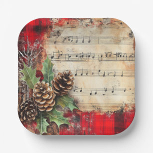 Assiettes En Carton Motifs musicaux de Noël vintage Cônes de pin Fêtes