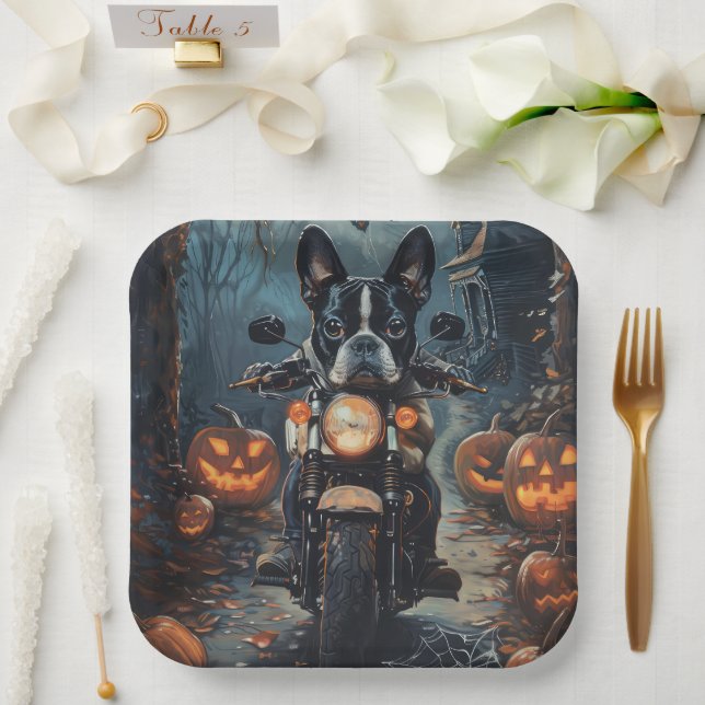 Assiettes En Carton Moto à cheval Boston Terrier Halloween effrayant (Mariage)