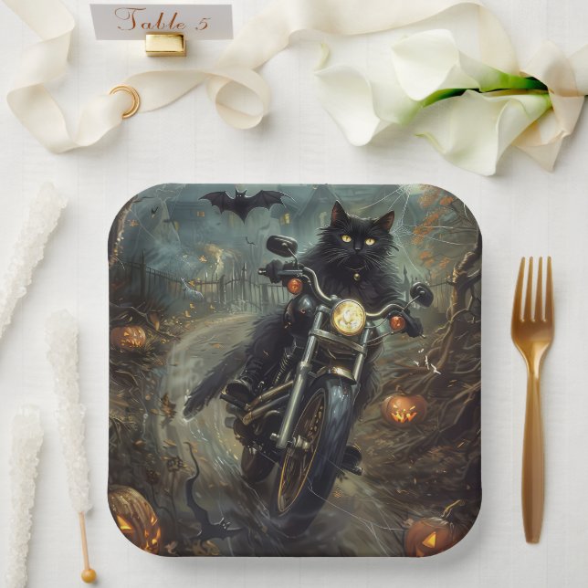 Assiettes En Carton Moto à équitation Chat Noir Halloween effrayant (Mariage)