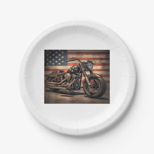 Assiettes En Carton Motorcycle USA Drapeau Retro Biker (Devant)