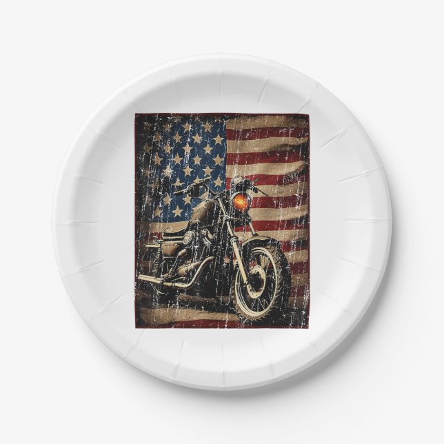 Assiettes En Carton Motorcycle USA Drapeau Retro Biker (Devant)