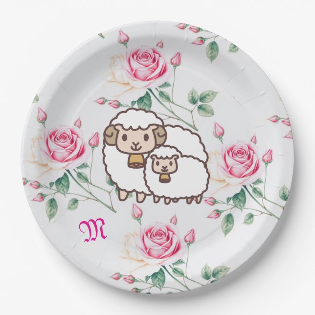 Assiettes En Carton Mouton blanc avec agneau de bébé et Monogramme Ros (Devant)