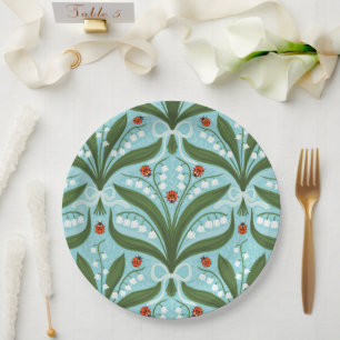 Assiettes En Carton Muguet et coccinelles symétrie en vert,