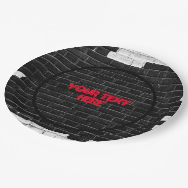 Assiettes En Carton Mur de briques noir et blanc personnalisé (Angle)