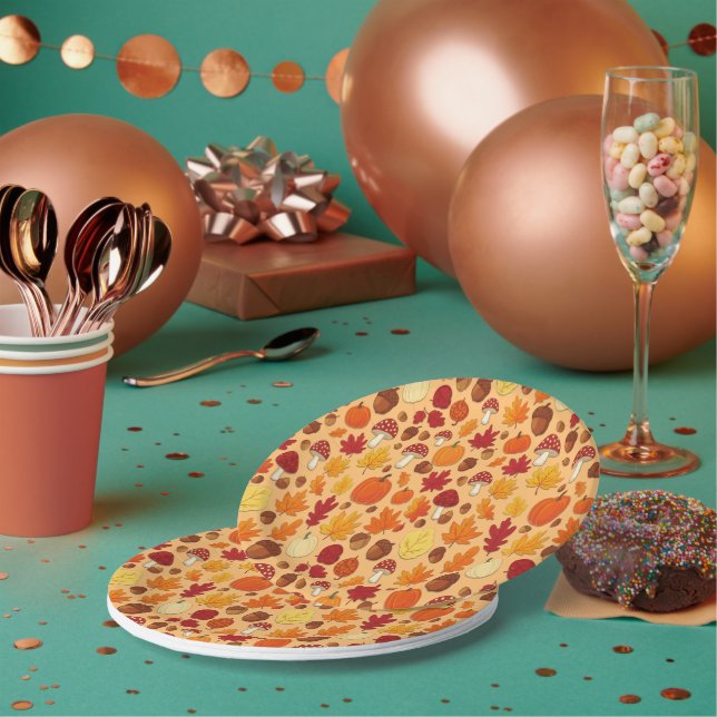 Assiettes En Carton Mushrooms and Falling Leaves Enchanted Autumn (Multi)