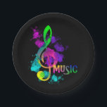 Assiettes En Carton Musique Arc-en-ciel à thème Cleble<br><div class="desc">Un design amusant et coloré pour une soirée ou un événement à thème musical avec une note de clef de musique arc-en-ciel de couleur aigu dans un effet abstrait de peinture éclaboussant qui sort tout juste du noir. Populaire auprès des musiciens et des mélomanes.</div>
