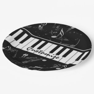 Assiettes En Carton Musique noire et blanche personnalisée de piano