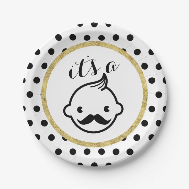 Assiettes En Carton Mustache Boy Cute Baby shower Pois (Devant)