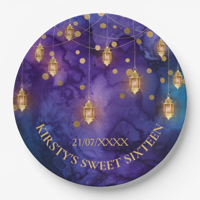 Assiettes En Carton Mystic Purple Blue Lanterns & Gold Bokeh Sweet 16 (Devant)