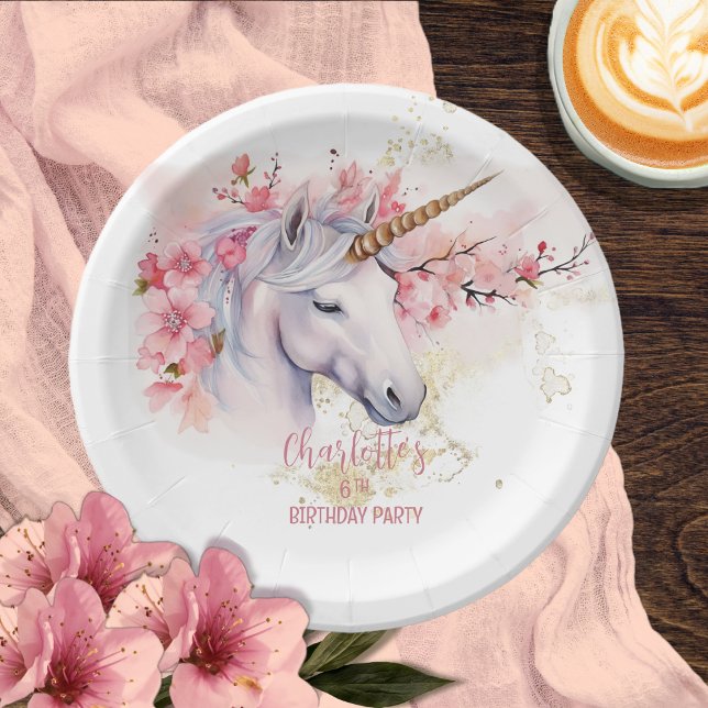 Assiettes En Carton Mystical Unicorn Floral Girl 6e fête d'anniversair (Mystical Unicorn and Cherry Blossoms Pink Floral Girl 6th Birthday Party Paper Plates)