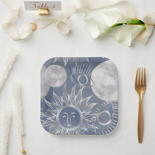 Assiettes En Carton Mystique solaire | Dusty Blue Silver Moon Stars So (Mariage)