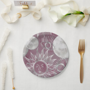 Assiettes En Carton Mystique solaire   Rose Argent Lune Étoiles Soleil