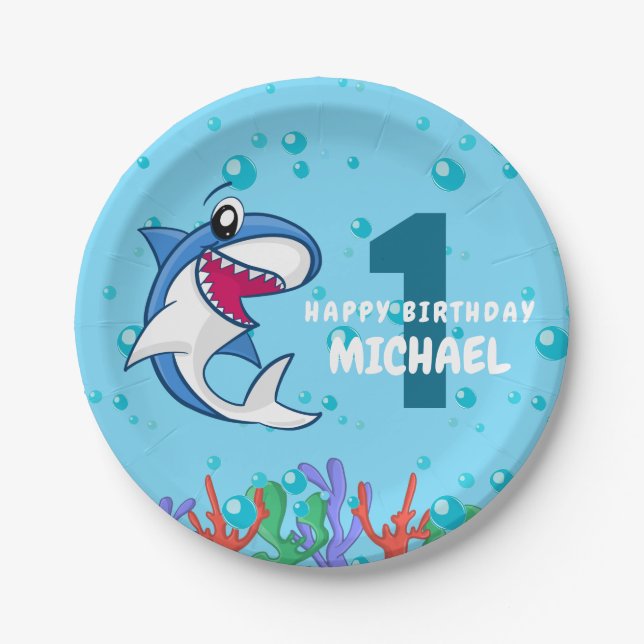 Assiettes En Carton Naissance du requin Premier Anniversaire Ocean Kid (Devant)