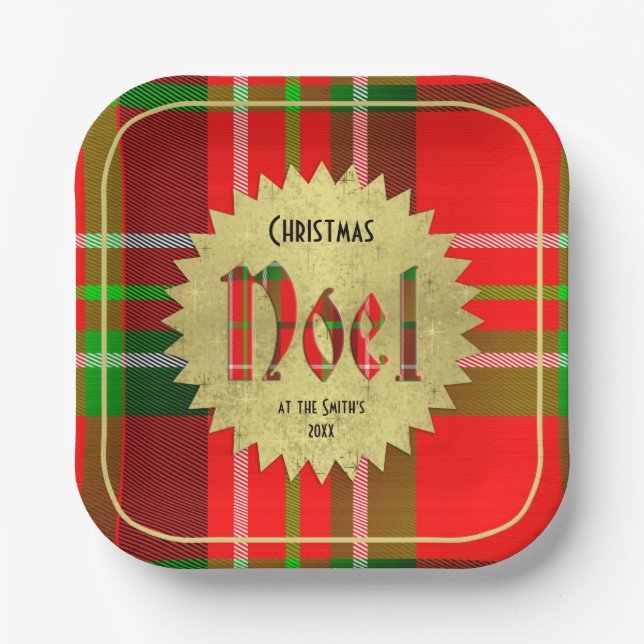 Assiettes En Carton Name | Typographie de Noel Rouge Vert Tartan de No (Recto)