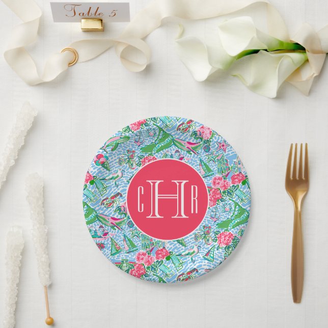 Assiettes En Carton Nantucket Preppy Palm Beach Imprimer Monogramme (Mariage)