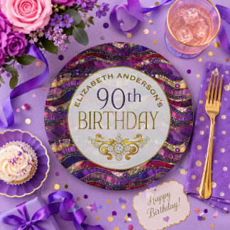 Assiettes En Carton Nappe en papier Strata de 90 ans Purple and Gold