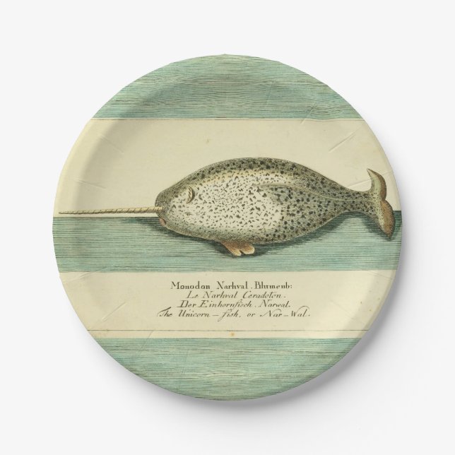 Assiettes En Carton Narwhal Antique Baleine Aquarelle Art scientifique (Devant)