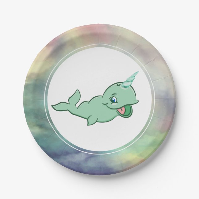 Assiettes En Carton Narwhal Green | Cute Mint Chibi Cartoon Sea Party (Devant)