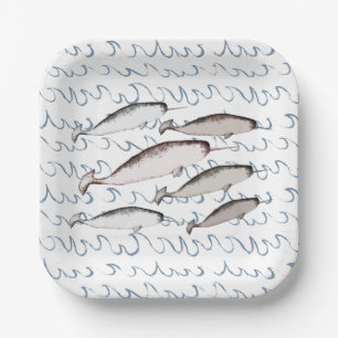 Assiettes En Carton Narwhals nage Vagues Dessin Motif baleine blanche