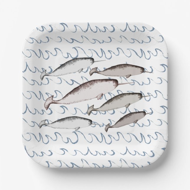 Assiettes En Carton Narwhals nage Vagues Dessin Motif baleine blanche (Recto)
