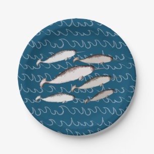 Assiettes En Carton Narwhals nager Vagues Dessin Motif Baleine Bleu