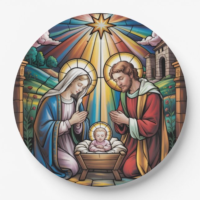 Assiettes En Carton Nativity Stained Glass Art – Holy Family Christmas (Devant)
