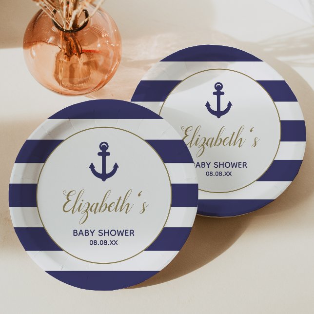 Assiettes En Carton Nautical Anchor Navy Blue Stripes Boy Baby Shower (Créateur téléchargé)