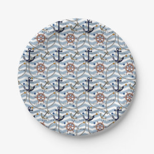Assiettes En Carton Nautical anchor rudder blue white stripe zigzag