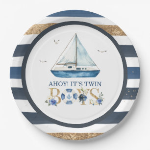 Assiettes En Carton Nautical Blue Boat Ahoy C'est Twin Boys Baby showe