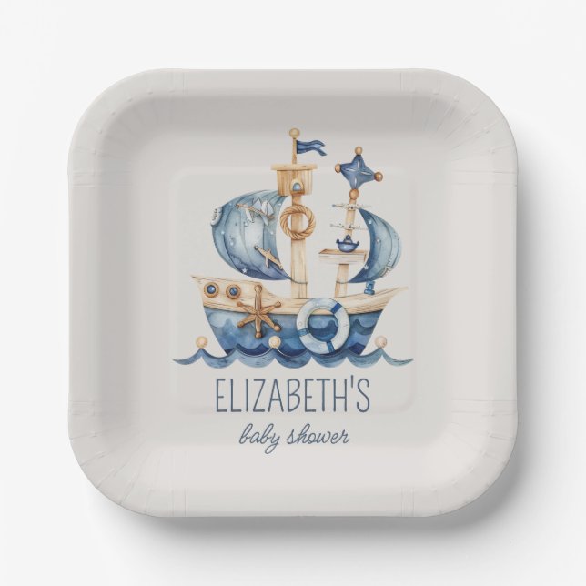 Assiettes En Carton Nautical Blue Sailing Ship Baby Shower (Recto)