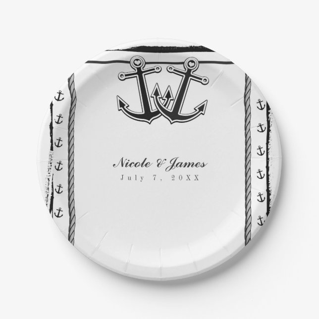 Assiettes En Carton Nautical Love Ancres Plage Fête des mariées de mar (Devant)