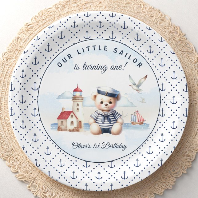 Assiettes En Carton Nautical Sailor Bear 1er Anniversaire Motif Ancre (Nautical Sailor Bear 1st Birthday Anchor Pattern Paper Plates)
