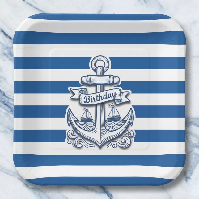 Assiettes En Carton Nautical Striped Anchor Birthday (Set a stylish party table.)